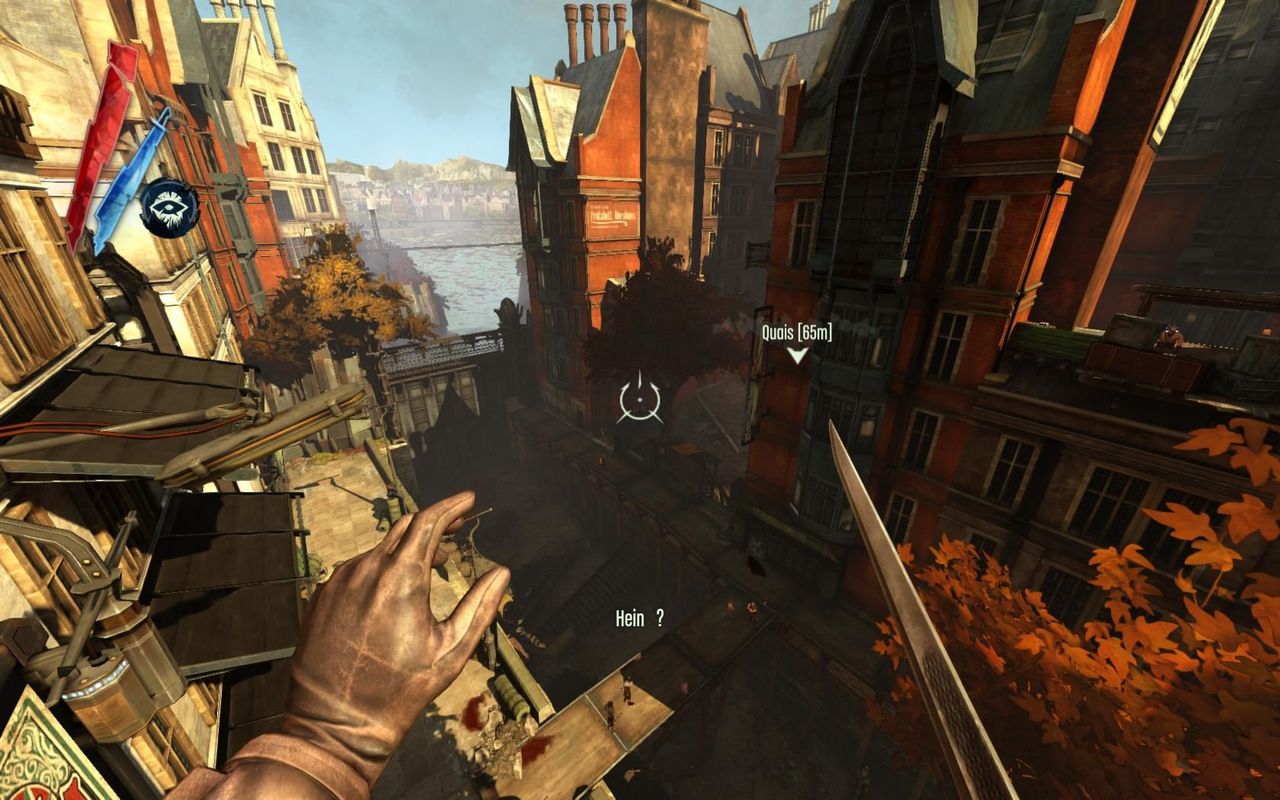 18 min de jeu sur Dishonored : on remarque les longues lignes horizontales lorsque le joueur se déplace et regarde autour de lui ainsi que quelques lignes verticales lorsque le joueur doit regarder en hauteur pour atteindre des plateformes.