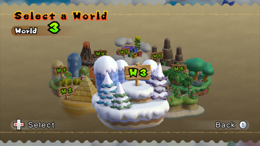 Le sélécteur de mondes du jeu Super Mario Bros Wii.